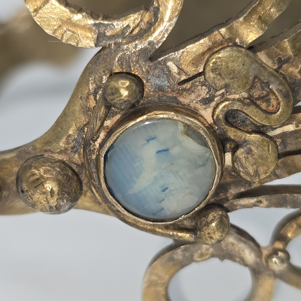 VTG Brass Cuff Blue Stones Cabochons Modernist Artisan Statement Bracelet 75g - Picture 6 of 16